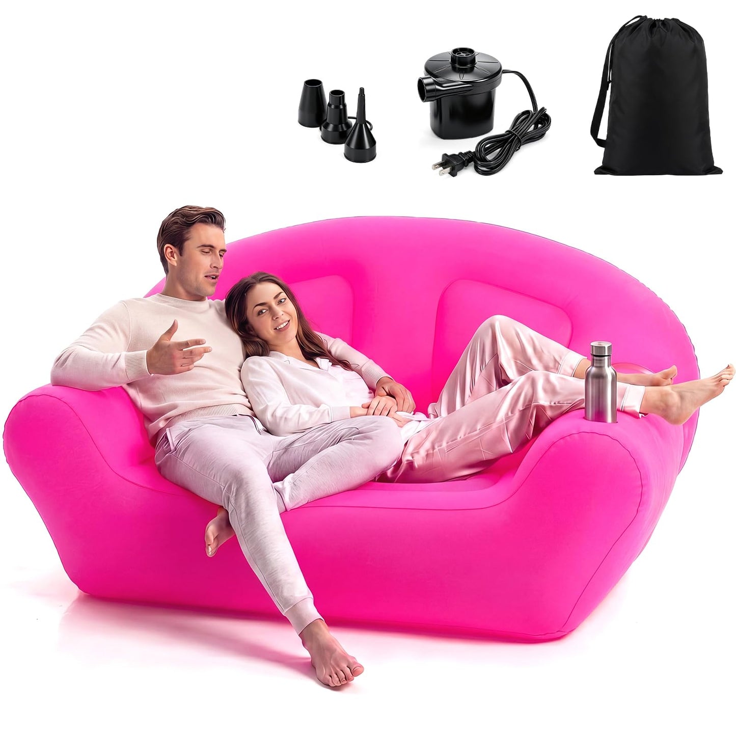 Novabright Inflatable Couch, Flocked Surface Blow up Chair, Folding Portable Flocking Inflatable Air Sofa Lazy Sofa for Living Room Learning Camping Part(Twin Size,Hot Pink)