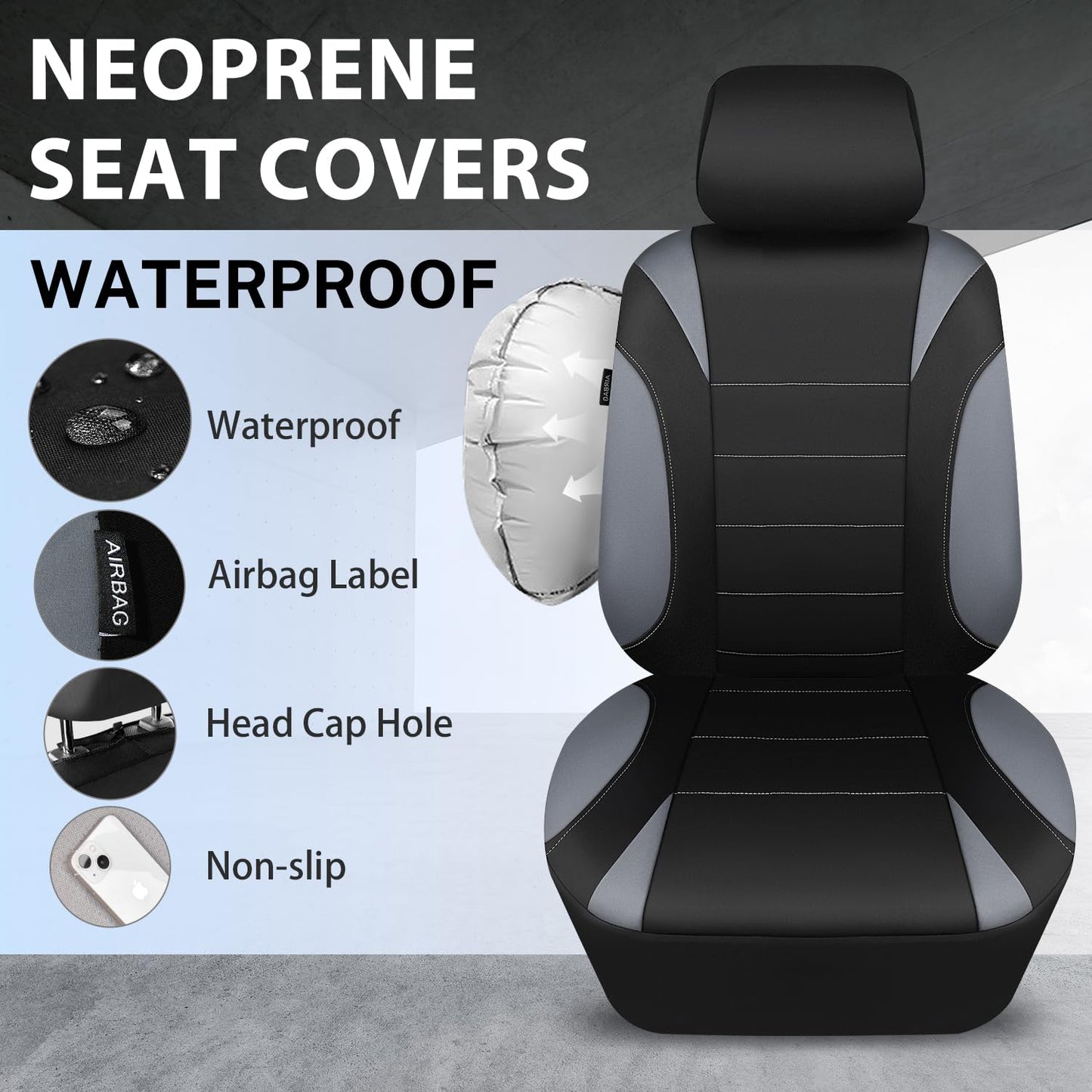 CAR PASS Waterproof Car Seat Covers Front Seats Only with 5mm Composite EVA, Neoprene Car Seat Cover with Separate Headrest Cover, Quick Setup Universal Fit for Car SUV Trucks,Airbag Compatible（Gray