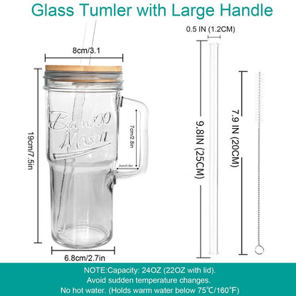 ANOTION Glass Cups with Lids and Straws - 24oz Tumbler with Handle Coffee Cups Glass Straws Glasses Mason Jar Cups Drinking Set Kitchen Essentials Coffee Bar Accessories House Warming Gifts New Home