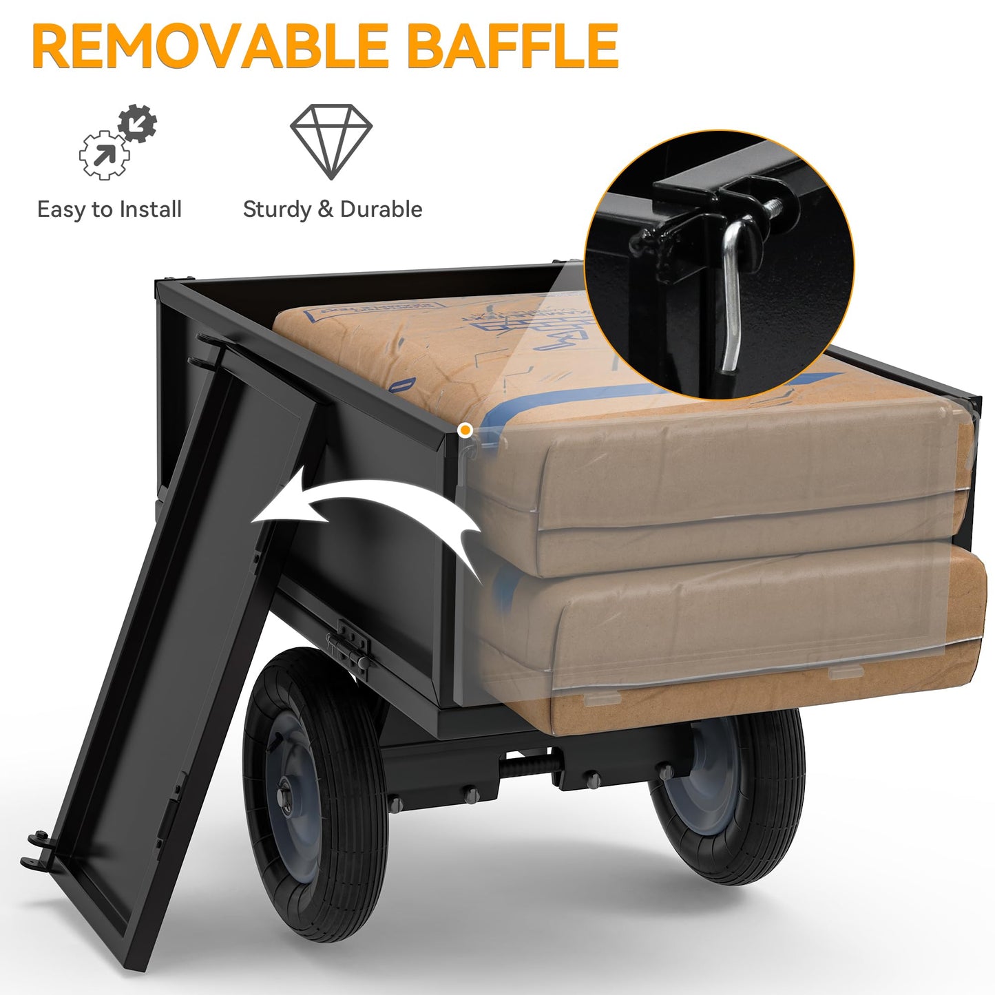 YINTATECH ATV Trailer Steel Dump Cart, Heavy Duty Pull Behind Dump Trailer with Removable Tailgate, Yard Garden Utility Trailer for Lawn Mower Trailer Tractor, 350lbs Capacity, Black