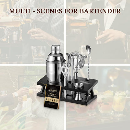 KITESSENSU Cocktail Shaker Set Bartender Kit, 6-Piece Silver Bar Set with Stand, Bar kit with Essential Bar Accessory Tools: Martini Shaker, Jigger, Strainer, Bar Spoon, Tongs, Opener