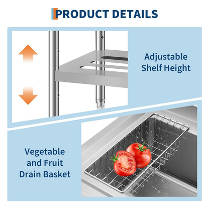 Garvee 36" Stainless Steel Utility Sink Workstation with Faucet, Adjustable Height Freestanding Sink with Storage Drawer, Knife Rack, Hooks & Drain Kit for Kitchen, Laundry, Garage, or Outdoor Use