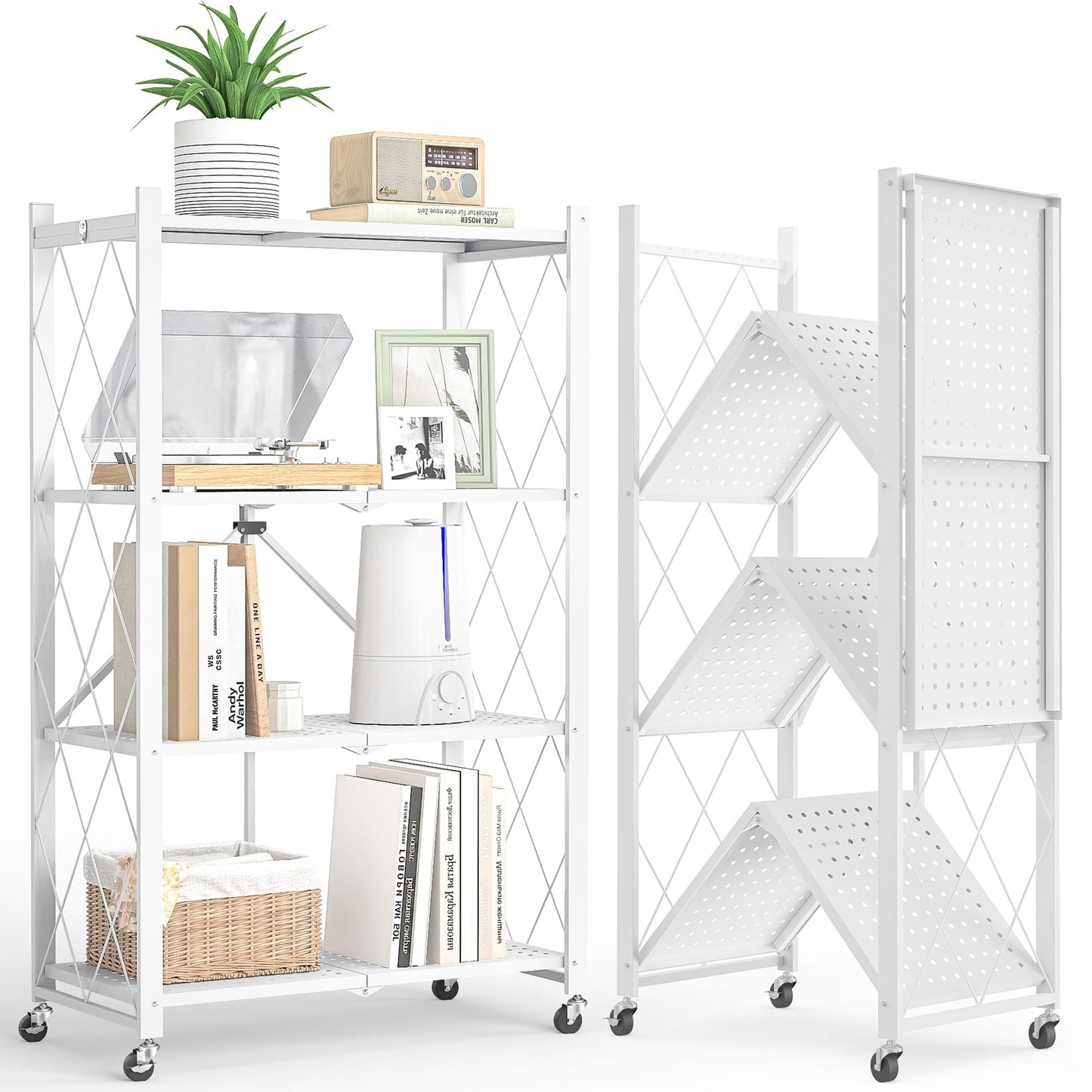 4 Tier Shelf Foldable Storage Shelf w/360° Movement Wheels, No Assemble Shelving Storage, Heavy Duty Folding Shelves, Garage Shelf Storage Organizer for Laundry, Kitchen, Utility Room(White, 4Tier)