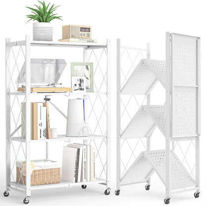 4 Tier Shelf Foldable Storage Shelf w/360° Movement Wheels, No Assemble Shelving Storage, Heavy Duty Folding Shelves, Garage Shelf Storage Organizer for Laundry, Kitchen, Utility Room(White, 4Tier)