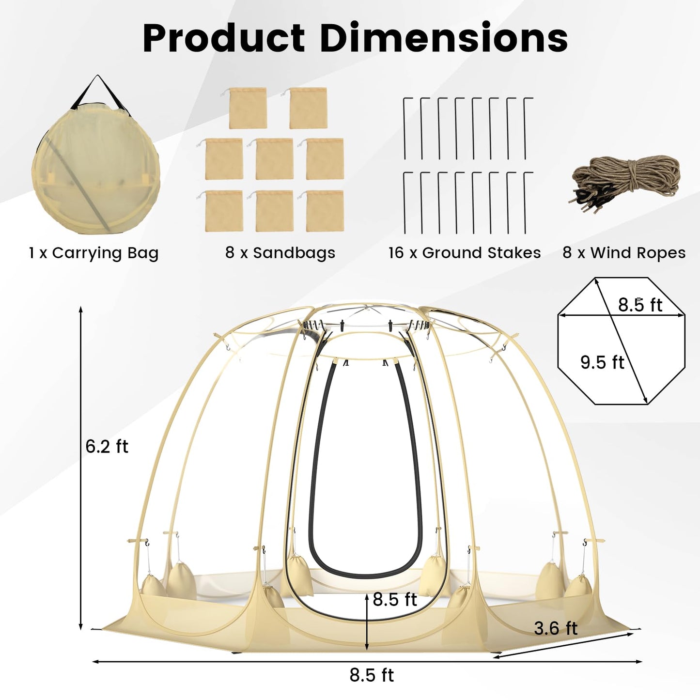 Happygrill Pop up Bubble Tent, 9.5 x 9.5 FT Outdoor Dome Screen Tent for for 4-6 People w/16 Stakes, 8 Wind Ropes, 8 Sandbags, Carrying Bag, Portable Weatherproof Screen House for Camping Sports Event