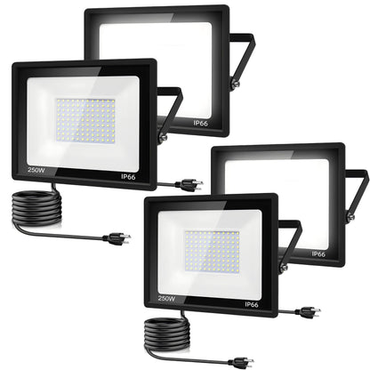 STARFISHHOME 4Pack 250W LED Flood Light Outdoor,25500LM LED Work Light with US Plug,6000K Daylight White,IP67 Waterproof Outdoor Floodlights for Yard,Garden,Playground
