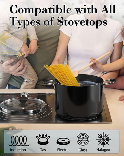 Cook N Home Nonstick Stockpot with Lid 8-QT, Professional Deep Cooking Pot Canning Cookware Stock Pot with Glass Lid, Black