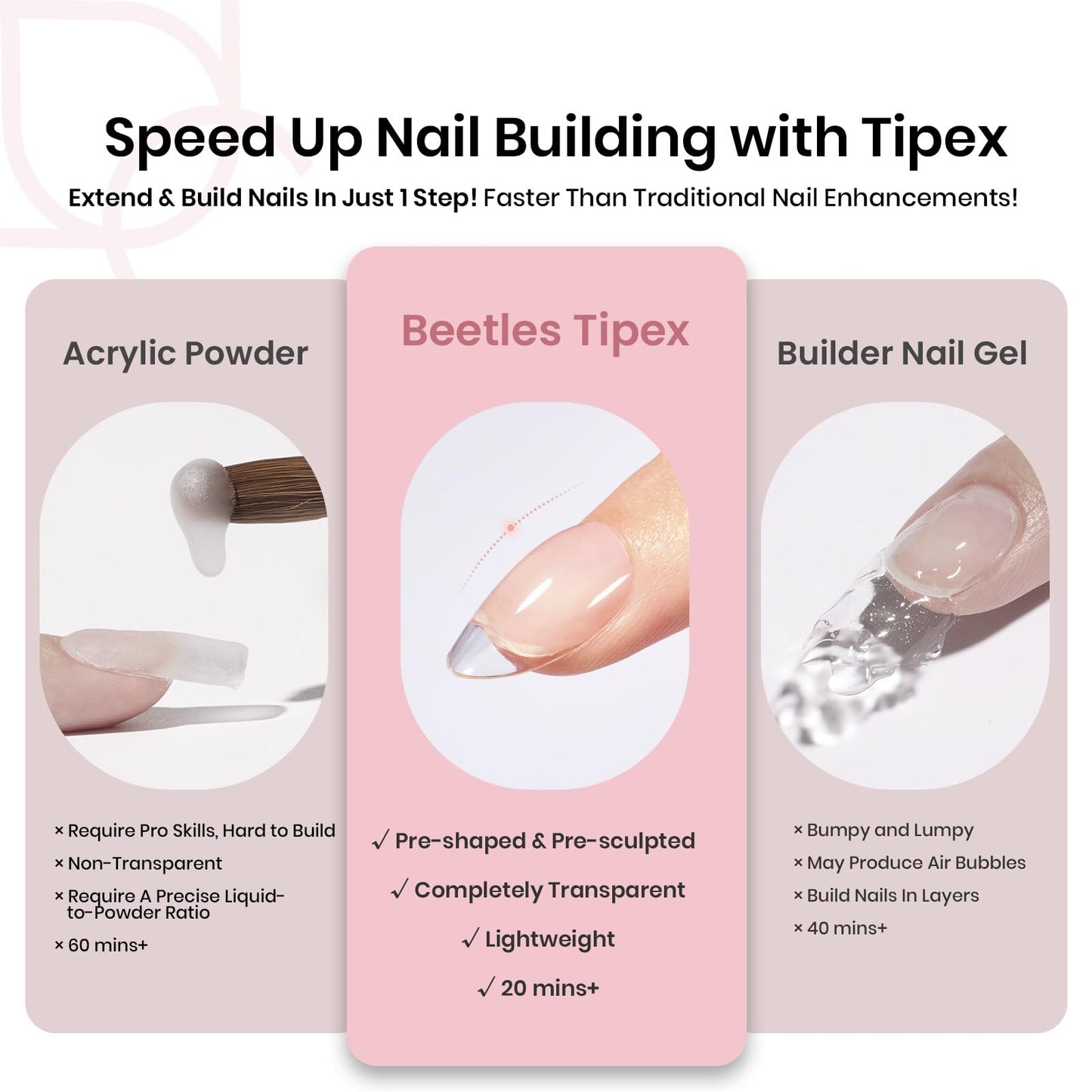 Beetles Tipex Instant Apex Nail Tips Kit, Coffin Long 224Pcs 16 Sizes Pre-Building & Pre-Etched Thicker Acrylic Nails False Nail Extension with Tipex Nail Glue Mini Nail Lamp