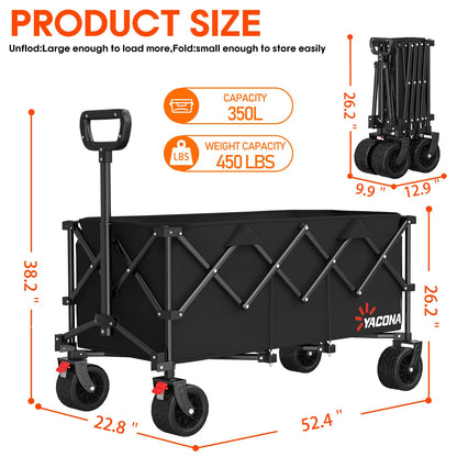 52.4" L Extra Large Collapsible Wagons Carts Foldable, 450lbs Heavy Duty Folding Beach Wagon with All-Terrain Big Wheels, Utility Wagon Cart for Groceries, Outdoor Camping, Shopping, Beach, Garden