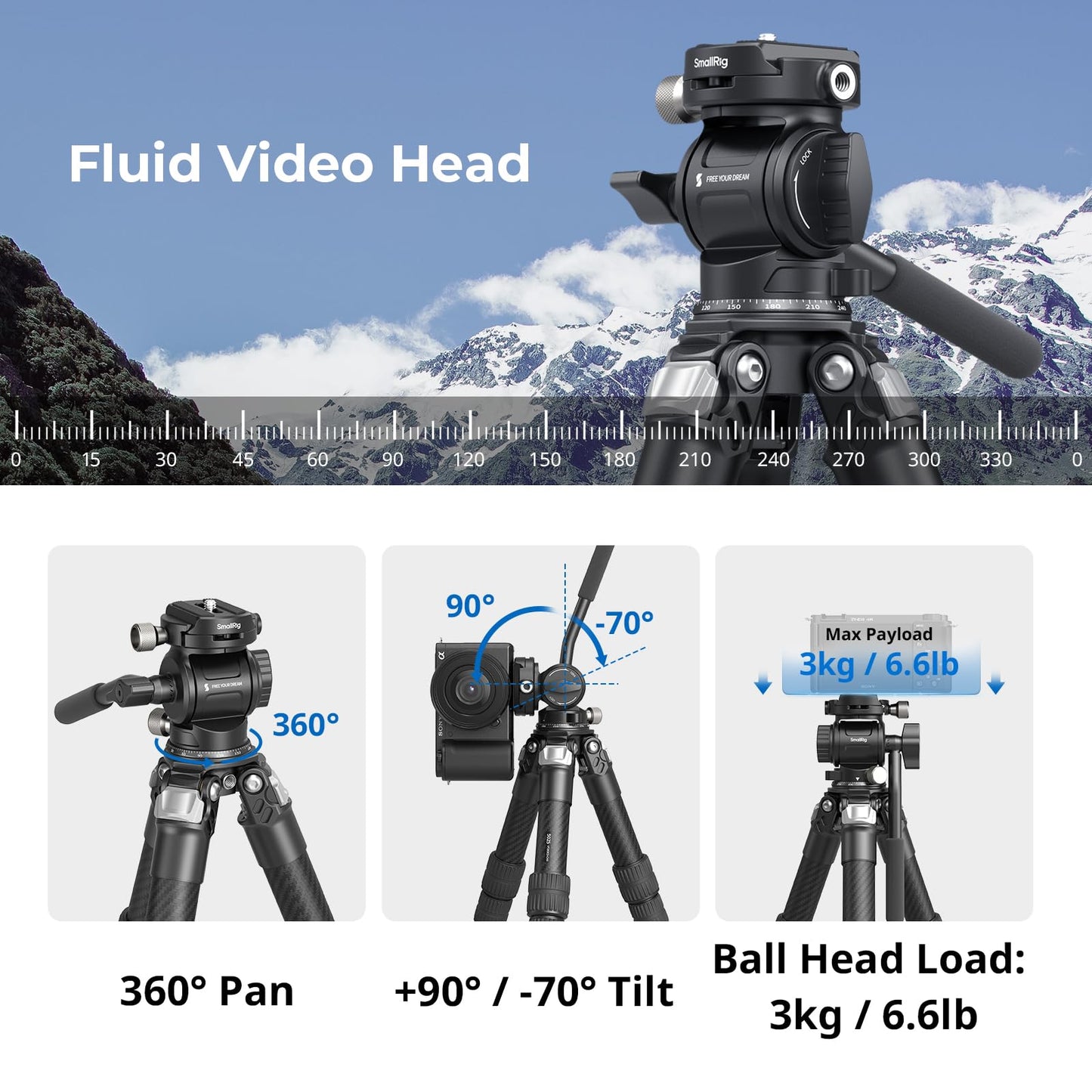 SmallRig Portable Carbon Fiber Tabletop Tripod Kit, 17'' Compact Mini Desktop Tripod with Video Head High Load-Bearing, Built-in QR Plate for Arca, Max Load 3kg / 6.6lb for Cameras, DSLR