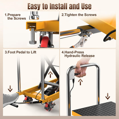 Tera Foldable Hydraulic Lift Table Cart: 330lbs Capacity 28.5" Lifting Height Single Scissor Lift with Non-Slip Pad Anti-Collision Wheels Thickened Scissors for Material Handling and Transportation