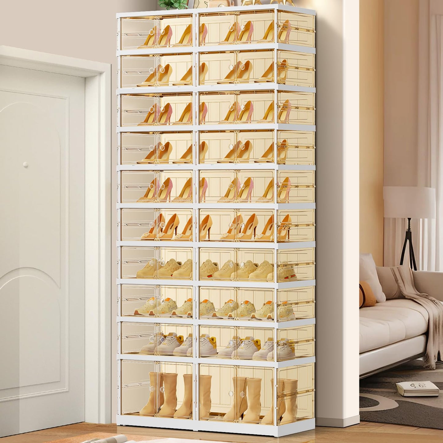 EHAMILY 10 Tiers 20-40 Pairs Foldable Shoe Rack for Closet Plastic Stackable Shoe Boxes for Garage Collapsible Shoes Shelf with Doors Storage Organizer Cabinet Quick Assembly,Brown