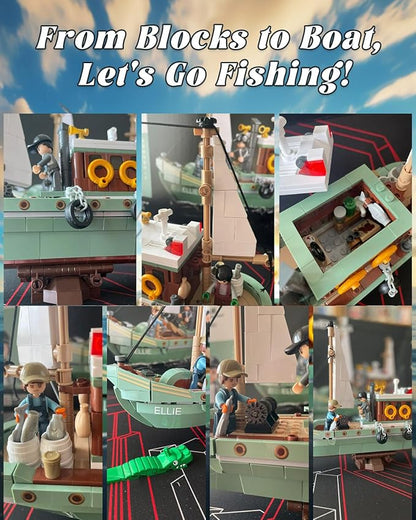 City Fishing Boat Building Kit with 3 Fisherman Minifigures Ship Building Sets with Fishing Rods &amp Buckets Christmas Birthday Gifts Toys for Kids Aged 6-12 Compatible with Lego Boat 610 PCS