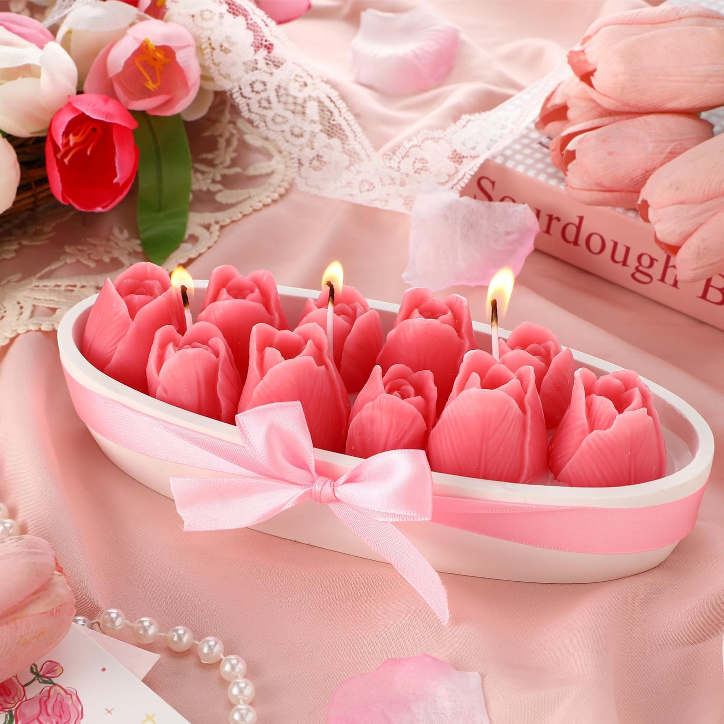 Treela Tulip Candle Gift for Women Teacher Appreciation Gifts 8.7inch Large Pink Tulips Dough Bowl Candle Table Centerpiece Flower Shaped Scented Aesthetic for Birthday Graduation Back to School