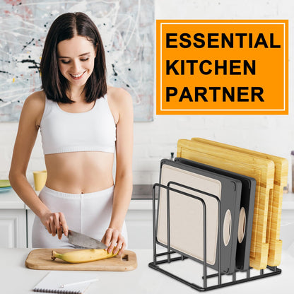 Kitchen Organizer Rack - 5-Slot Heavy-Duty Cutting Board and Bakeware Holder, Rust-Resistant with Anti-Slip Feet for Countertop or Cabinet Storage