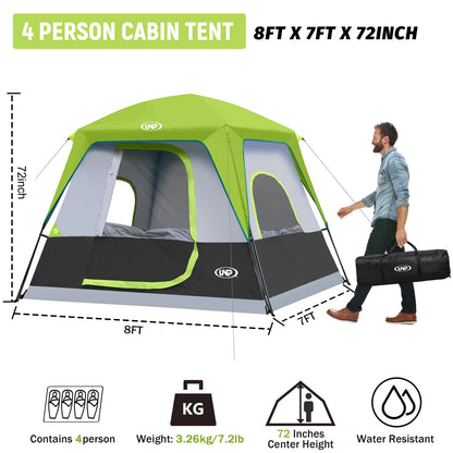 UNP 4-Person Tent, Portable Cabin Tent, Camping Tent 4-Person Easy Set Up, Waterproof with Top Rainfly for Outdoor Camping/Hiking (Fluorescent Green)