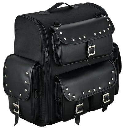 Vance Leathers Large Studded 2 Piece Sissy Bar Bag - Motorcycle Luggage with Multiple Storage Pockets & Removeable Rain Cover