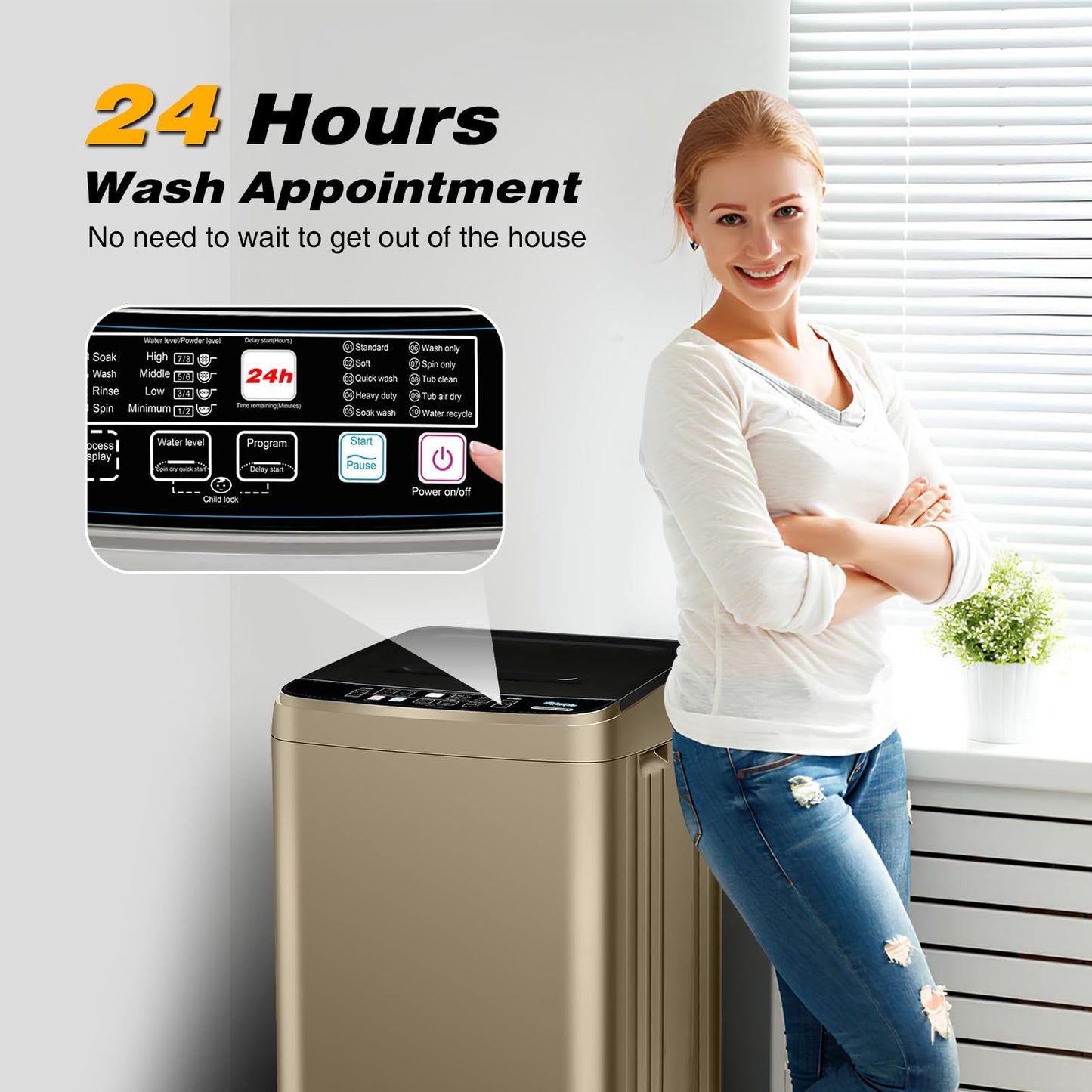 Borcolo Portable Washing Machine Full Automatic 17.7lbs Small Washing Machine for Apartment 10 Wash Program with Drain Hose, Portable Washer Machine for Dorm, College, RV, Golden