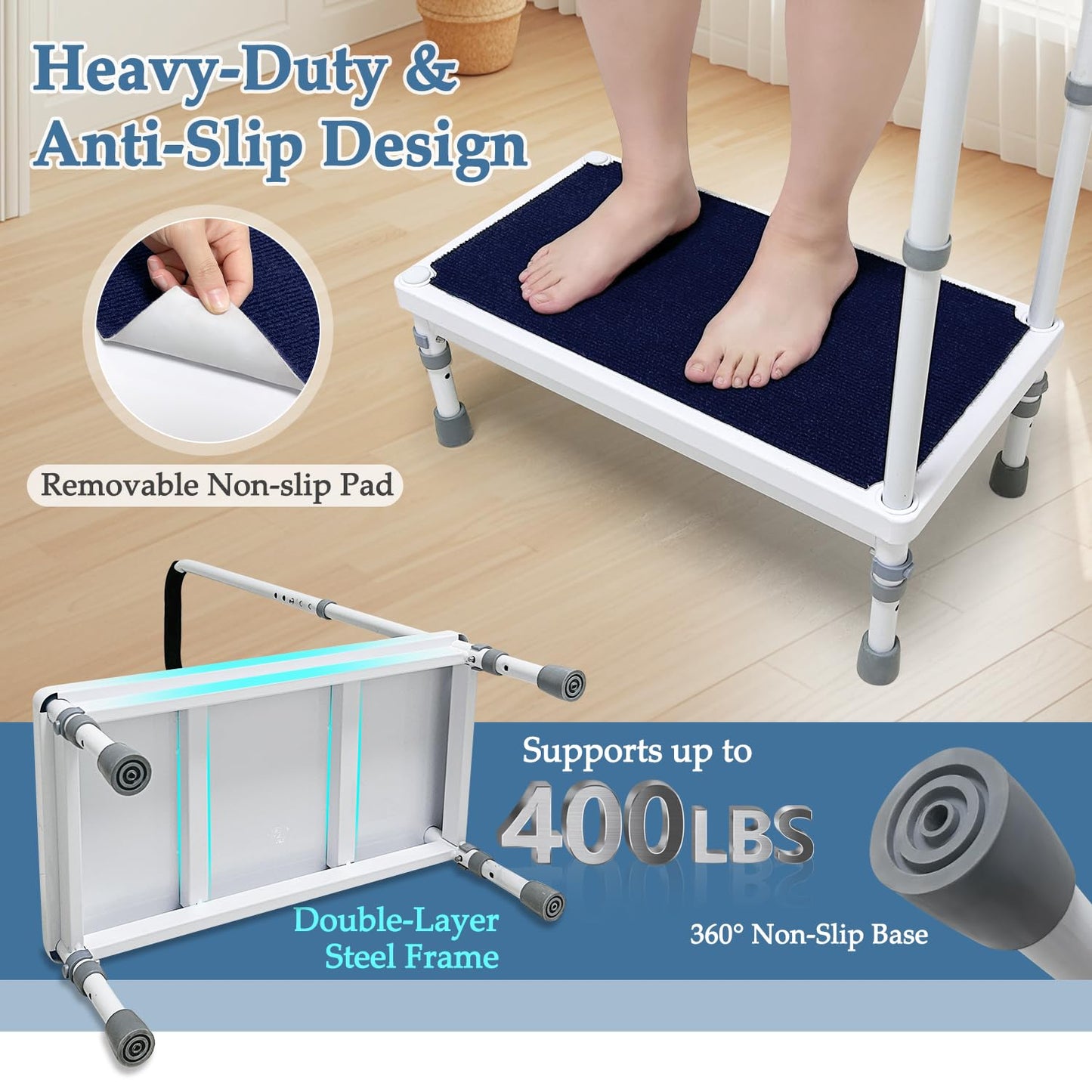 Bedside Step Stool with Handle for High Beds, 400lb Heavy Duty Bed Steps for Seniors & Adults, Non-Slip Wide Platform Medical Stepping Stool with Padded Handrail, SUV & Bathroom Assist (21.65-Stool)