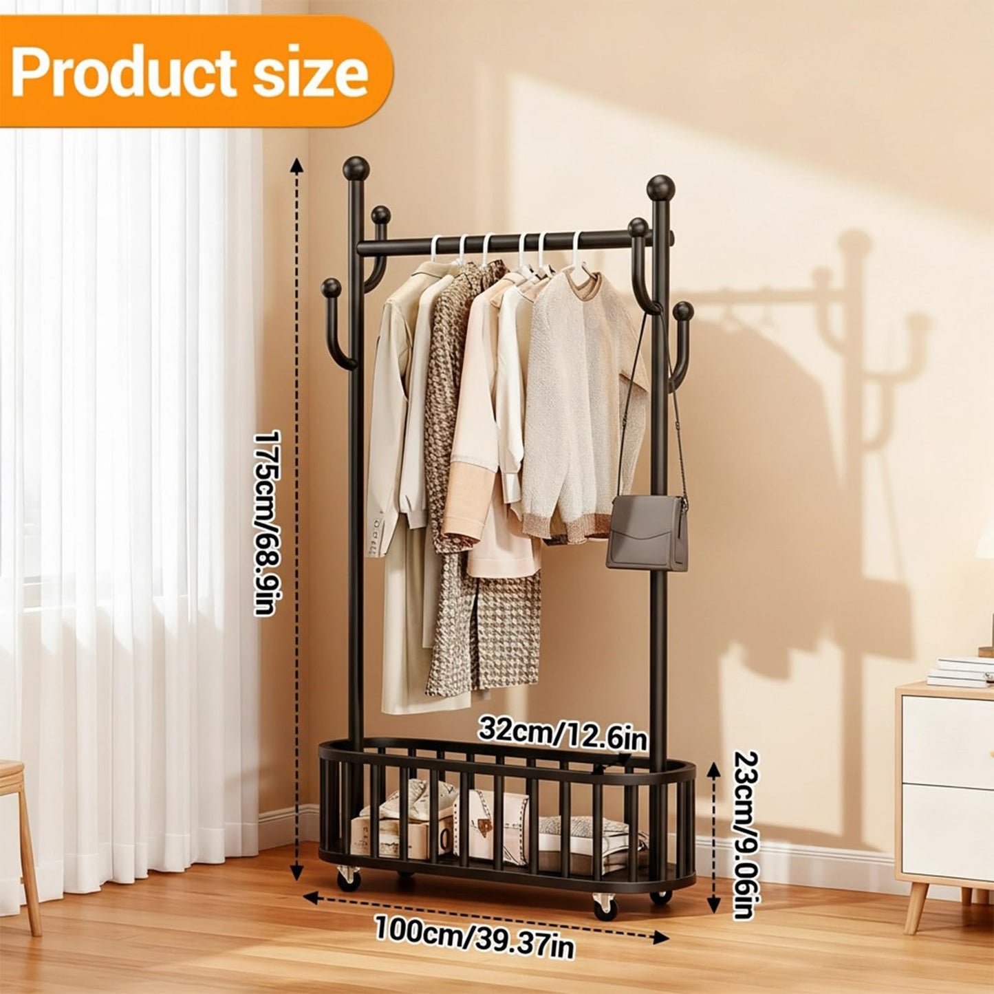 CuisinSmart Rolling Clothes Rack with Wheels, 68.9 Inch Tall Heavy Duty Metal Gold Garment Rack with Basket, Movable Portable Clothes Rack for Bedroom 100cm Black