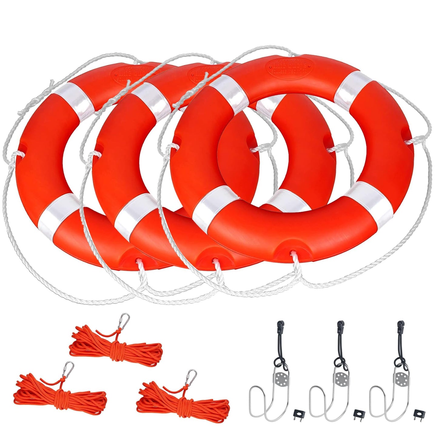 23" Life Ring Boat Safety Throw Ring with Water Floating Lifesaving Rope 50’ and Horseshoe Buoy Bracket for Boating Safety - 3 Pack