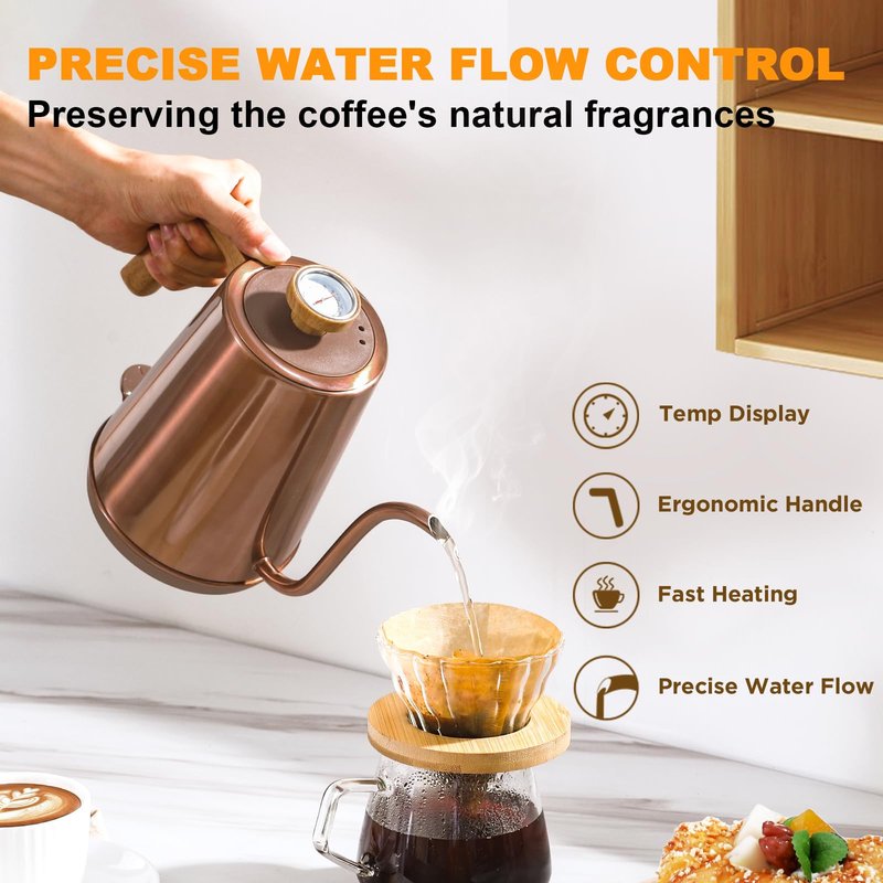 Nueve&Five Gooseneck Electric Kettle with Thermometer, Copper Tea Kettle with Auto Shut-Off,1000W Hot Water Kettle Electric of Stainless Steel,Electric Kettles for,Coffee & Tea