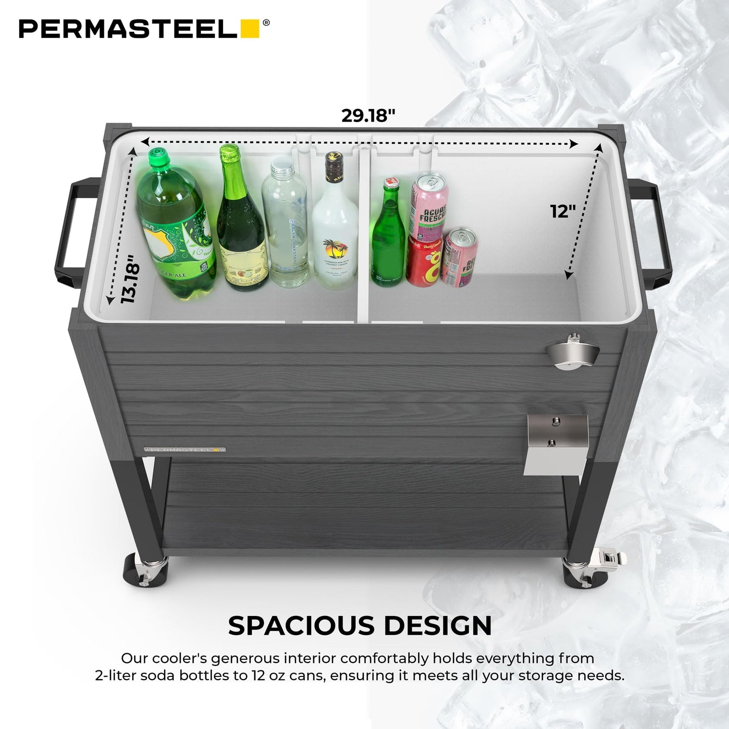 Permasteel Party Cooler with Divider, Spacious 80-Qt Capacity, Chills 36hrs, Rolling Ice Chest for Indoor and Outdoor Entertainment, Wood Grain Finish, Gray