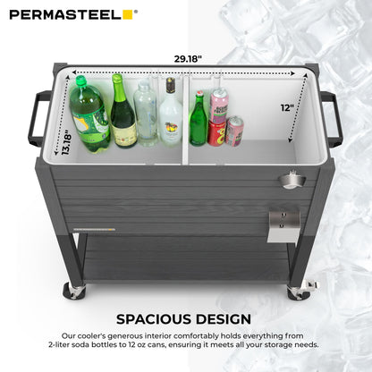 Permasteel Party Cooler with Divider, Spacious 80-Qt Capacity, Chills 36hrs, Rolling Ice Chest for Indoor and Outdoor Entertainment, Wood Grain Finish, Gray