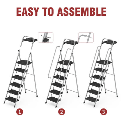 6 Step Foldable Step Ladder Stool with Roomy Tool Tray and Secure Handrail, Foldable Platform Ladder 6 Step Folding Stepstools with Wide Pedals and 800lbs Weight Capacity for Adults, Home, Kitchen