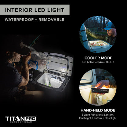 Titan PRO High Performance Ice Chest - 55 Quart Capacity - Hard Cooler with Interior LED Light, Dry Bin, Ice Saver Performance Booster and Microban Protection - Driftwood Tan