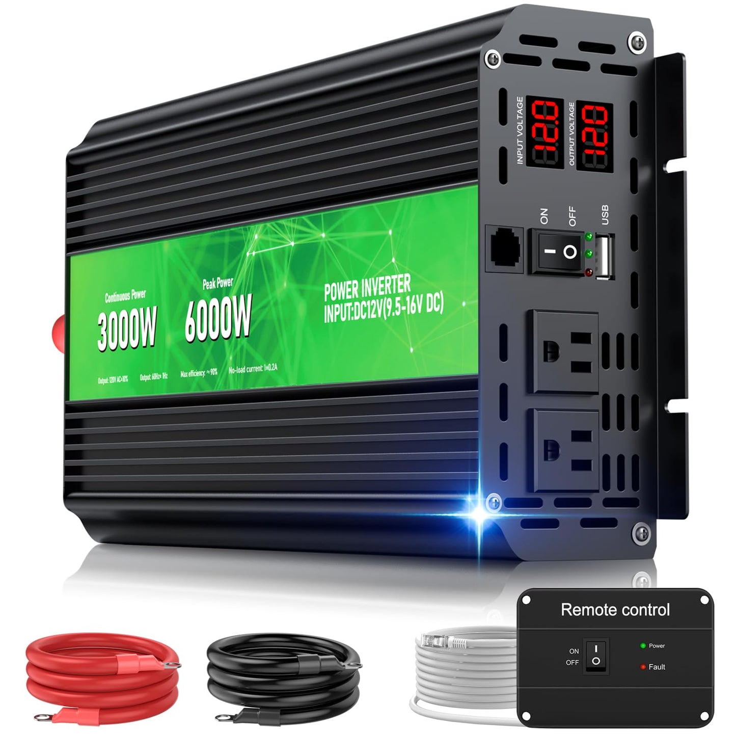 3000W Power Inverter 12V DC to 110V/120V AC Converter, 6000W Peak, LCD Display & Remote Control, Dual AC Outlets & 3.4A USB Port for RV, Truck, Solar System, Emergency Backup, Camping & Off-Grid Power