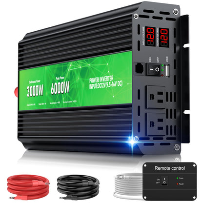 3000W Power Inverter 12V DC to 110V/120V AC Converter, 6000W Peak, LCD Display & Remote Control, Dual AC Outlets & 3.4A USB Port for RV, Truck, Solar System, Emergency Backup, Camping & Off-Grid Power