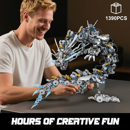 HIGH GODO Dragon Building Blocks Sets for Adults 2 in 1 Grey Mechanical Dragon Animal Building Model Collectible Display Toys Cool Creative Gifts for Teens Fans (1390 Pcs)