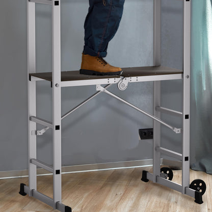 APARECIUM 5' Foldable Aluminum Scaffolding, Portable Scaffolding Ladder, Rolling Scaffolding Work Platform, Scaffold Tower, Ladder Stool Work Bench, Adjustable Work Platform, 330 Lbs Duty Rate