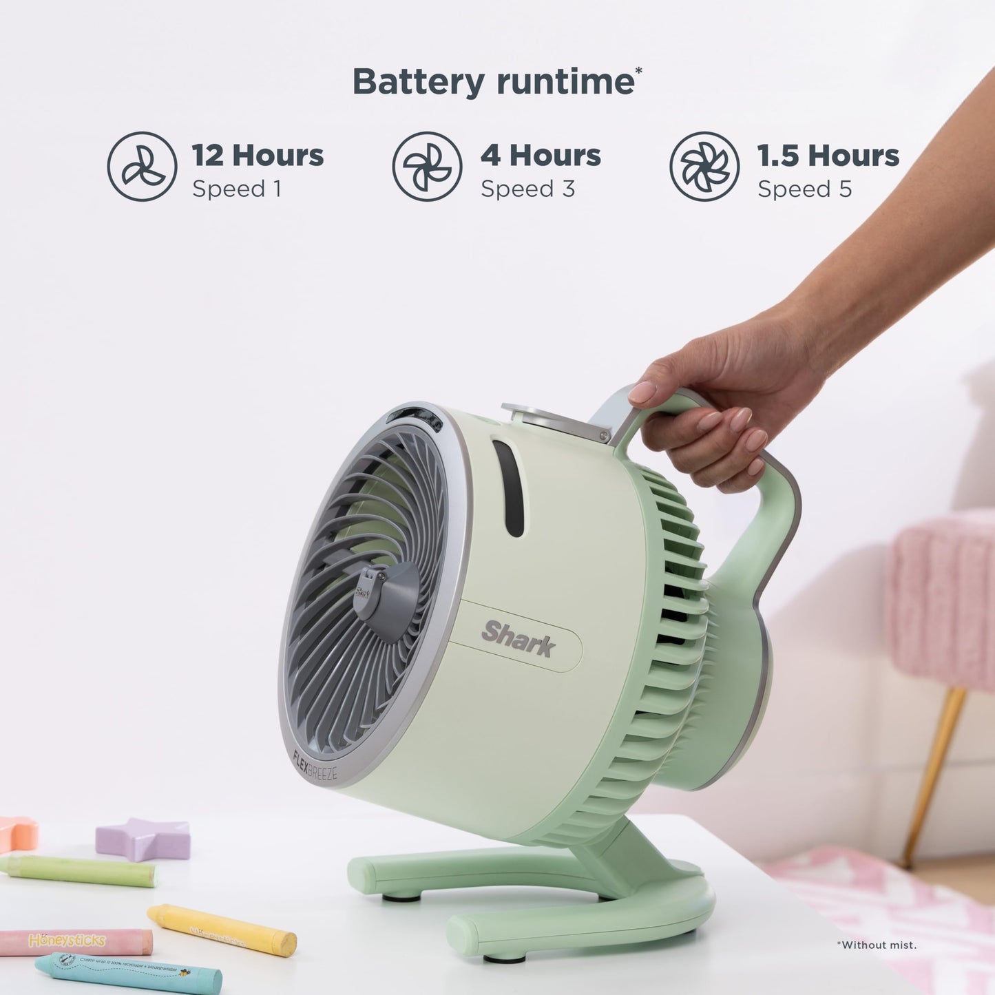 Shark FlexBreeze HydroGo Fan + Car Charger — Ultra-powerful portable fan that mists indoors & outdoors, 5 speeds, 2 bonus modes, & evaporative misting, Blueberry, FA052QBL