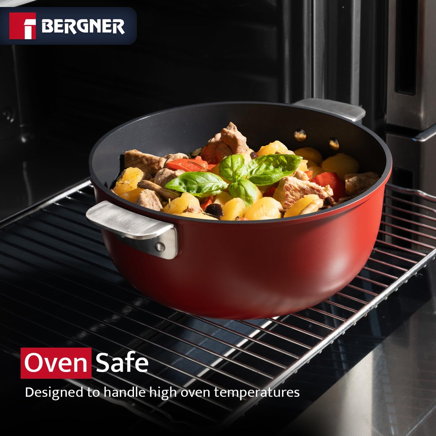 Bergner 11-Piece Non-Stick Cookware Set with Detachable Handles - Stackable Die-Cast Aluminum Pots and Pans Set, Induction & Oven Safe, Space-Saving Kitchen Set, Red