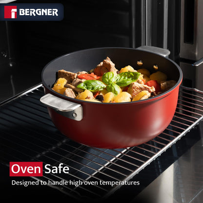Bergner 11-Piece Non-Stick Cookware Set with Detachable Handles - Stackable Die-Cast Aluminum Pots and Pans Set, Induction & Oven Safe, Space-Saving Kitchen Set, Red