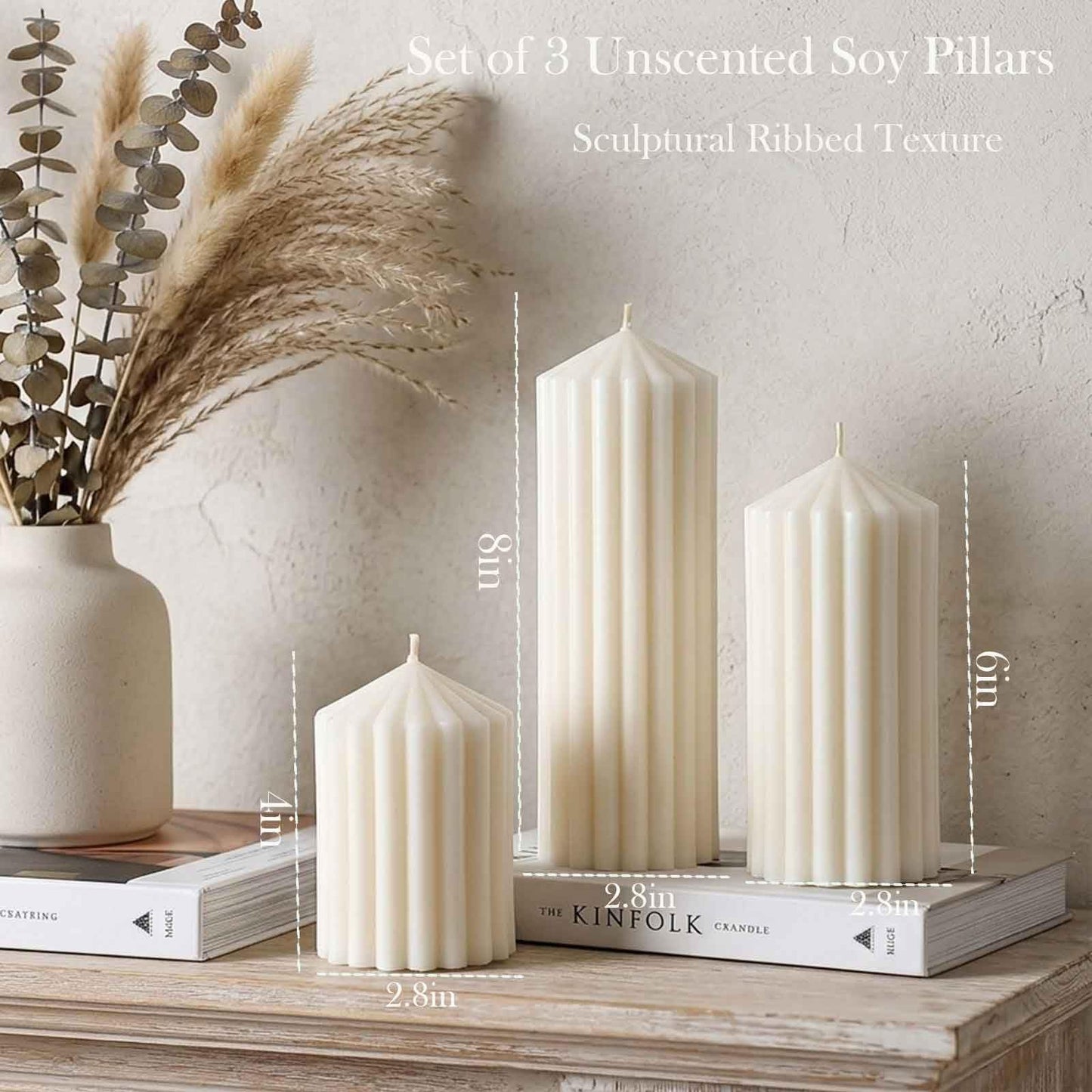3 Pack Cream White Ribbed Pillar Candles-Natural Soy Wax Unscented,Non-Toxic,Smokeless Large Candle-2.8" x4,6,8 Inch Aesthetic Modern Candles for Home Decor,Dinner Table,Living Room,Housewarming Gift