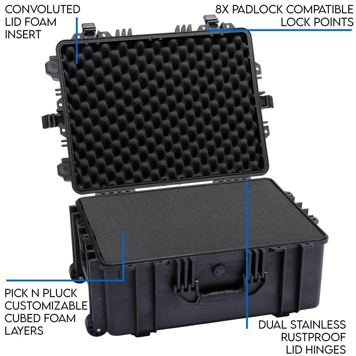 DCB Cases - Element 6104F | 24 x 19 x 11 Ext Dim | IP67 Waterproof | Pluck Foam Insert | Telescoping Handle | Rubberized Grips | Resin-Reinforced Injection Molded Plastic | 4 Latch Lid Close | Wheels