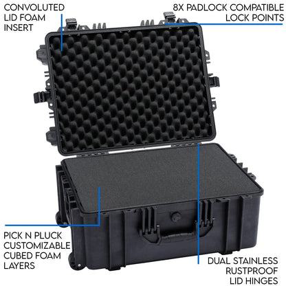 DCB Cases - Element 6104F | 24 x 19 x 11 Ext Dim | IP67 Waterproof | Pluck Foam Insert | Telescoping Handle | Rubberized Grips | Resin-Reinforced Injection Molded Plastic | 4 Latch Lid Close | Wheels