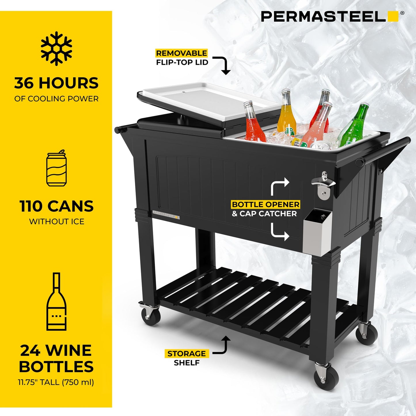 Permasteel Party Cooler with Divider, Spacious 80-Qt Capacity, Chills 36hrs, Serving Tray, Rolling Ice Chest for Indoor and Outdoor Entertainment, Matte Black
