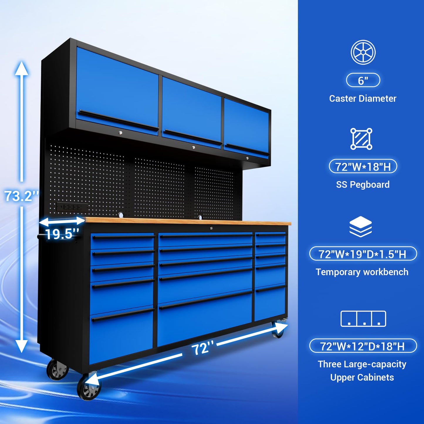 CHETTO C 72 inch Tool Chest Tool Box Mobile 15 Drawer Storage 3 Upper Cabinet Power Outlet SS-Pegboard with Wheels Lock Key Locking System Drawer Liners for Garage Warehouse Repair Shop