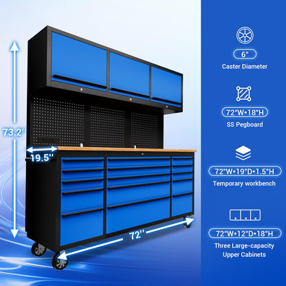 CHETTO C 72 inch Tool Chest Tool Box Mobile 15 Drawer Storage 3 Upper Cabinet Power Outlet SS-Pegboard with Wheels Lock Key Locking System Drawer Liners for Garage Warehouse Repair Shop