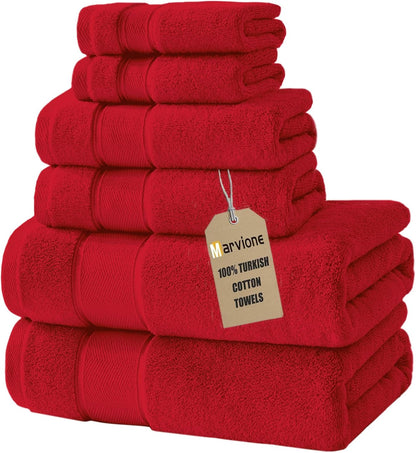 Marvione 6-Piece Bath Towels Set | 100% Turkish Cotton, Highly Absorbent & Soft - Red