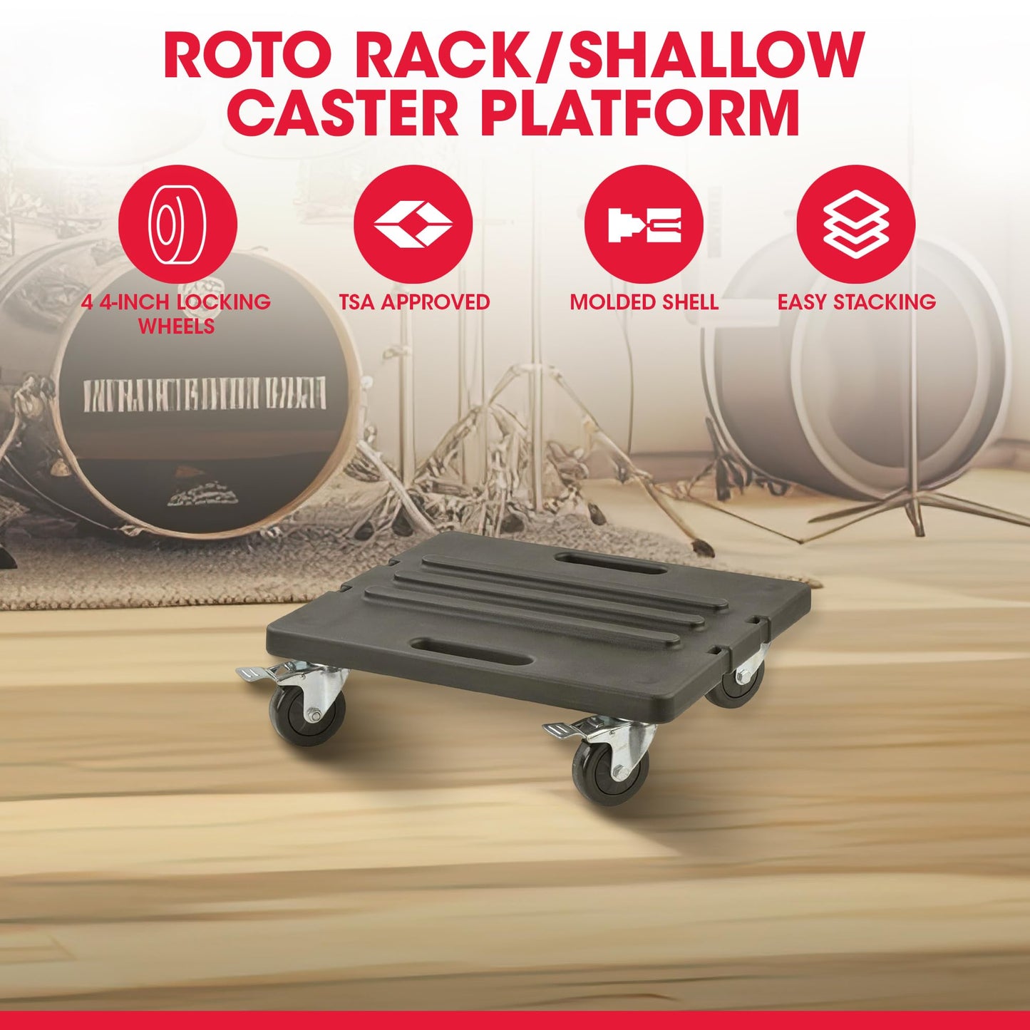 SKB Roto Rack/Shallow Rack Caster Platform with 4 Locking Wheels for Transport, 2 42-Inch Straps to Secure Caster Board to Rack, Black