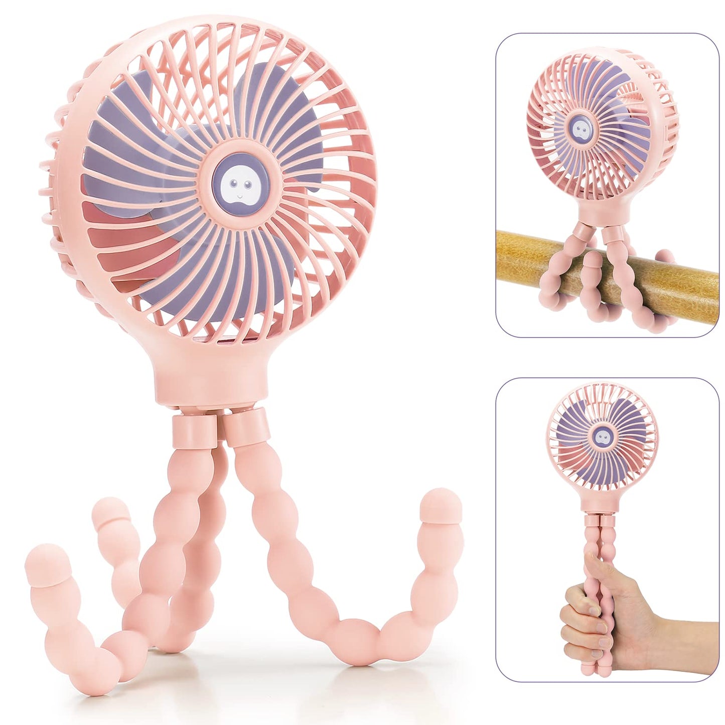 snawowo Mini Handheld Personal Portable Fan, Baby Stroller Fan, Car Seat USB or Battery Powered, with Flexible Tripod Clip on Student Bed Desk Bike Crib Treadmill Camping Traveling(Pink)