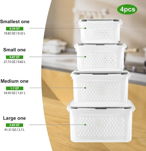 Freshmage Fruit Storage Containers - Airtight Produce Saver with Removable Colander | 4-Piece Set, Small Clear