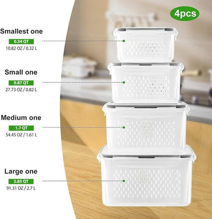 Freshmage Fruit Storage Containers - Airtight Produce Saver with Removable Colander | 4-Piece Set, Small Clear