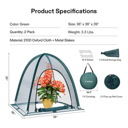 VIVOSUN Garden Netting Cover, 36 x 36 x 39 Inch Pop-up Guard Cover with Zip Entry for Plants, Vegetables, Fruits, Outdoor Run and Enclosure for Small Animals, 4-Pack, Green