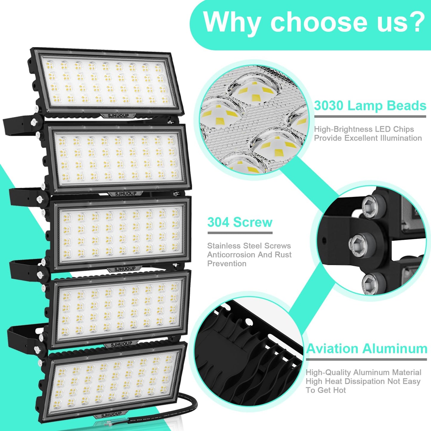 SJHUOUP 500W Stadium Lights LED Flood Light Outdoor Super Bright 65000LM 6500K Daylight IP67 Waterproof Arena Light 100-277V Surge 6KV Adjustable Angle for Court, Field, Parking Lot, Sports Lighting